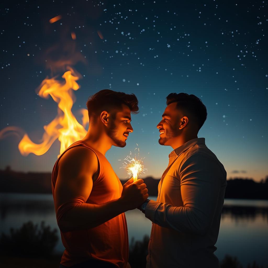 A passionate scene depicting the metaphorical 'fire of love' in a romantic gay setting, showcasing two men of Latin descent holding hands under a starry night sky