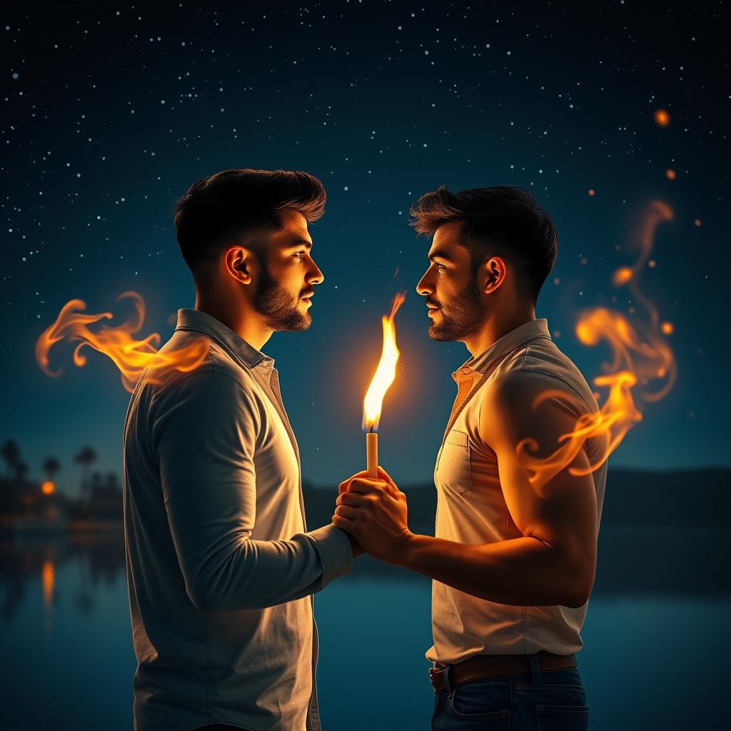 A passionate scene depicting the metaphorical 'fire of love' in a romantic gay setting, showcasing two men of Latin descent holding hands under a starry night sky