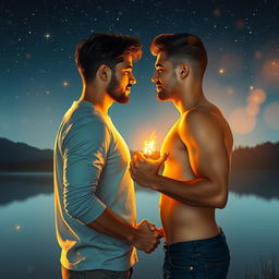 A passionate scene depicting the metaphorical 'fire of love' in a romantic gay setting, showcasing two men of Latin descent holding hands under a starry night sky