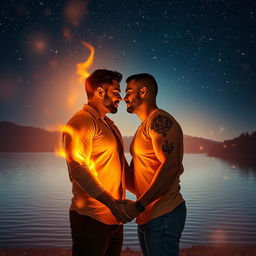 A passionate scene depicting the metaphorical 'fire of love' in a romantic gay setting, showcasing two men of Latin descent holding hands under a starry night sky