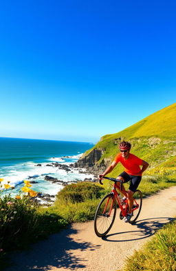 A vibrant and energetic scene of a cyclist racing along a scenic coastal path, with waves crashing on the rocks and a clear blue sky above