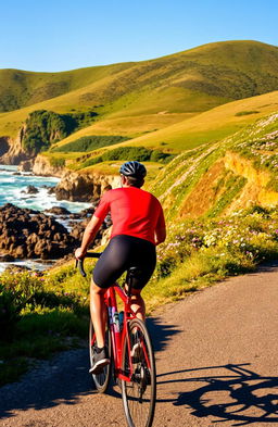 A vibrant and energetic scene of a cyclist racing along a scenic coastal path, with waves crashing on the rocks and a clear blue sky above