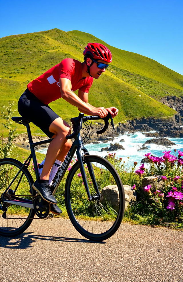 A vibrant and energetic scene of a cyclist racing along a scenic coastal path, with waves crashing on the rocks and a clear blue sky above