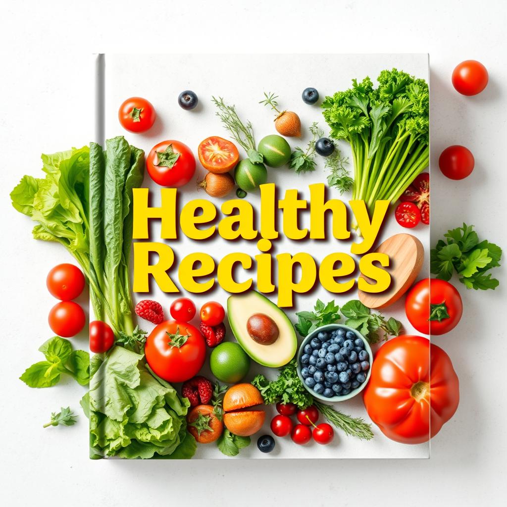 A vibrant and inviting cover design for a healthy recipes book, featuring an array of fresh, colorful vegetables and fruits arranged artistically across the front