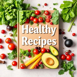 A vibrant and inviting cover design for a healthy recipes book, featuring an array of fresh, colorful vegetables and fruits arranged artistically across the front