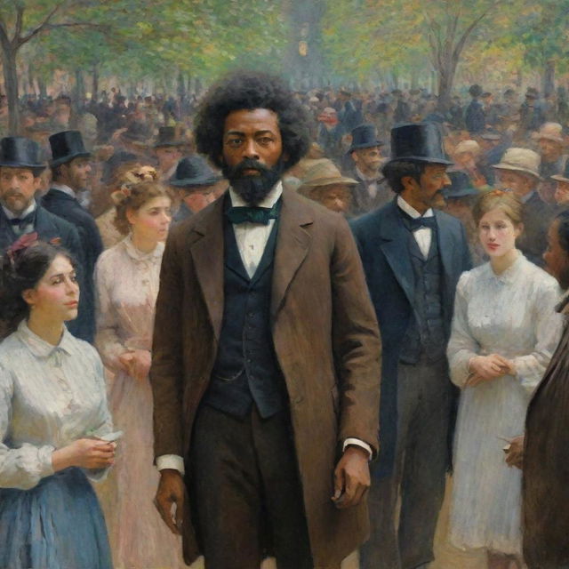 Create an image in Claude Monet's style of a 20-year-old Frederick Douglass engaged in intellectual pursuits, while a group of people look on with admiration. His youthful brilliance contrasted by the vibrant, impressionistic colors and textures of the crowd and surroundings.