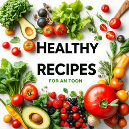 A vibrant and inviting cover design for a healthy recipes book, featuring an array of fresh, colorful vegetables and fruits arranged artistically across the front