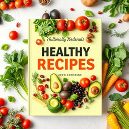 A vibrant and inviting cover design for a healthy recipes book, featuring an array of fresh, colorful vegetables and fruits arranged artistically across the front