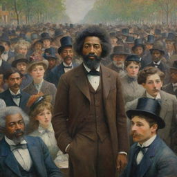 Create an image in Claude Monet's style of a 20-year-old Frederick Douglass engaged in intellectual pursuits, while a group of people look on with admiration. His youthful brilliance contrasted by the vibrant, impressionistic colors and textures of the crowd and surroundings.