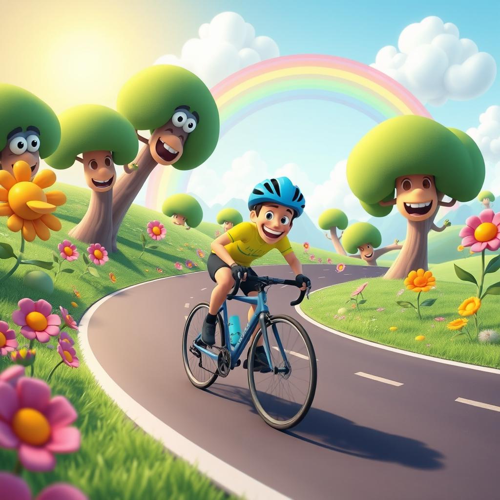 A vibrant and colorful animated scene featuring a cheerful cyclist racing through a whimsical landscape