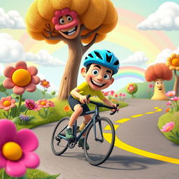 A vibrant and colorful animated scene featuring a cheerful cyclist racing through a whimsical landscape