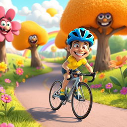 A vibrant and colorful animated scene featuring a cheerful cyclist racing through a whimsical landscape