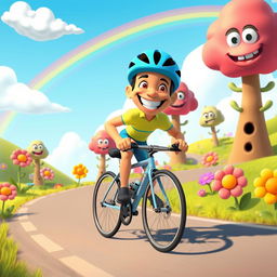 A vibrant and colorful animated scene featuring a cheerful cyclist racing through a whimsical landscape