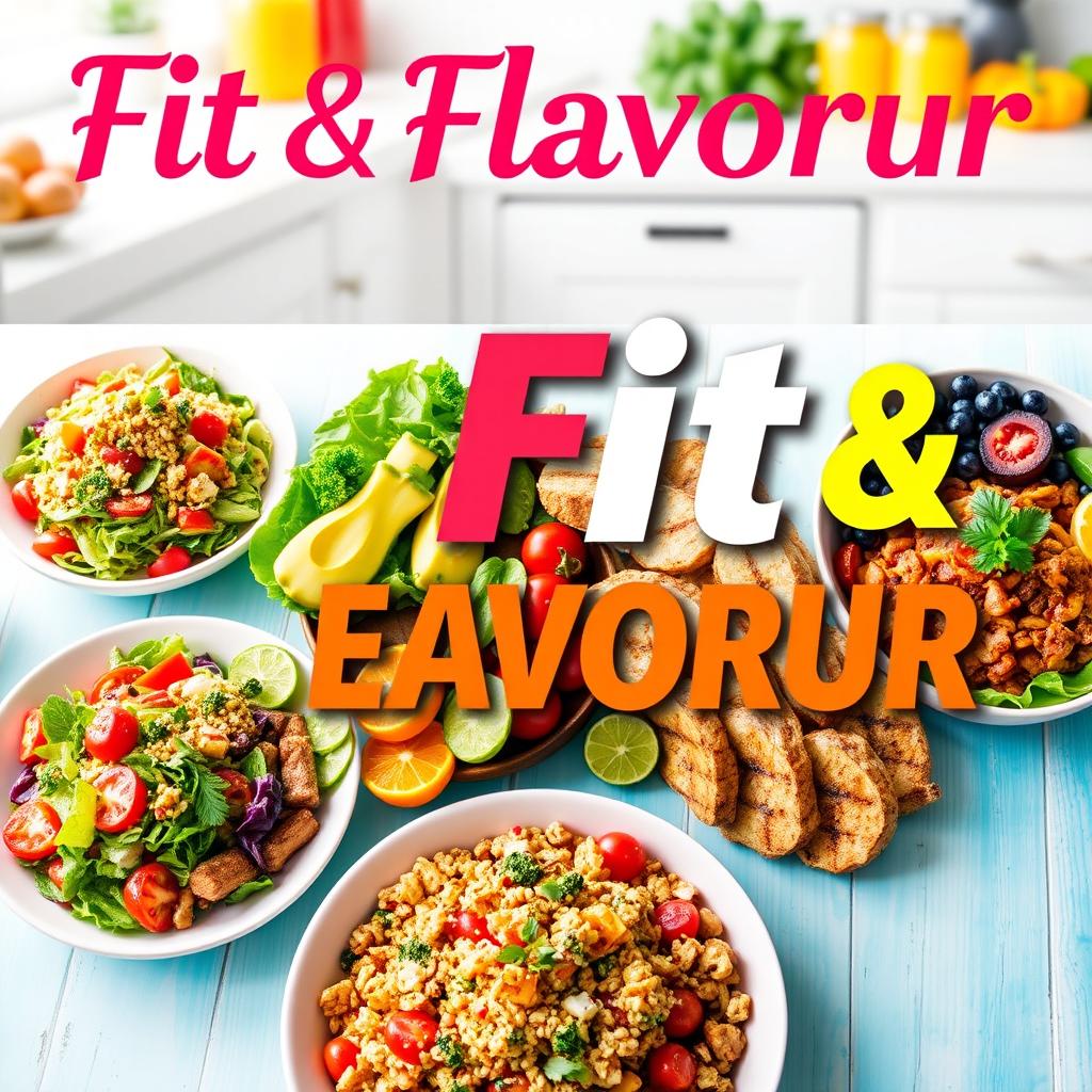 A vibrant and visually appealing recipe book cover titled 'Fit & Flavorful: 50 Recipes for Weight Loss Success'