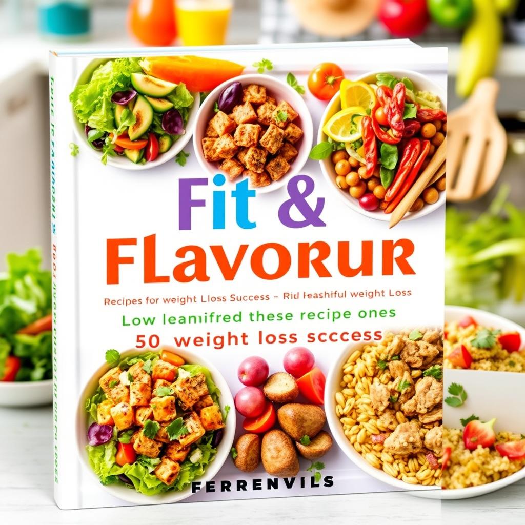 A vibrant and visually appealing recipe book cover titled 'Fit & Flavorful: 50 Recipes for Weight Loss Success'