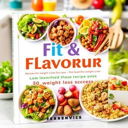 A vibrant and visually appealing recipe book cover titled 'Fit & Flavorful: 50 Recipes for Weight Loss Success'