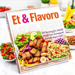 A vibrant and visually appealing recipe book cover titled 'Fit & Flavorful: 50 Recipes for Weight Loss Success'