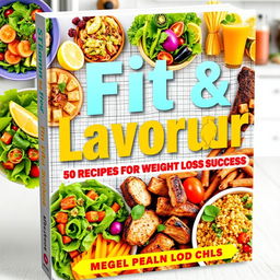 A vibrant and visually appealing recipe book cover titled 'Fit & Flavorful: 50 Recipes for Weight Loss Success'