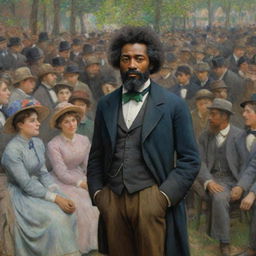 Create an image in Claude Monet's style of a 20-year-old Frederick Douglass engaged in intellectual pursuits, while a group of people look on with admiration. His youthful brilliance contrasted by the vibrant, impressionistic colors and textures of the crowd and surroundings.