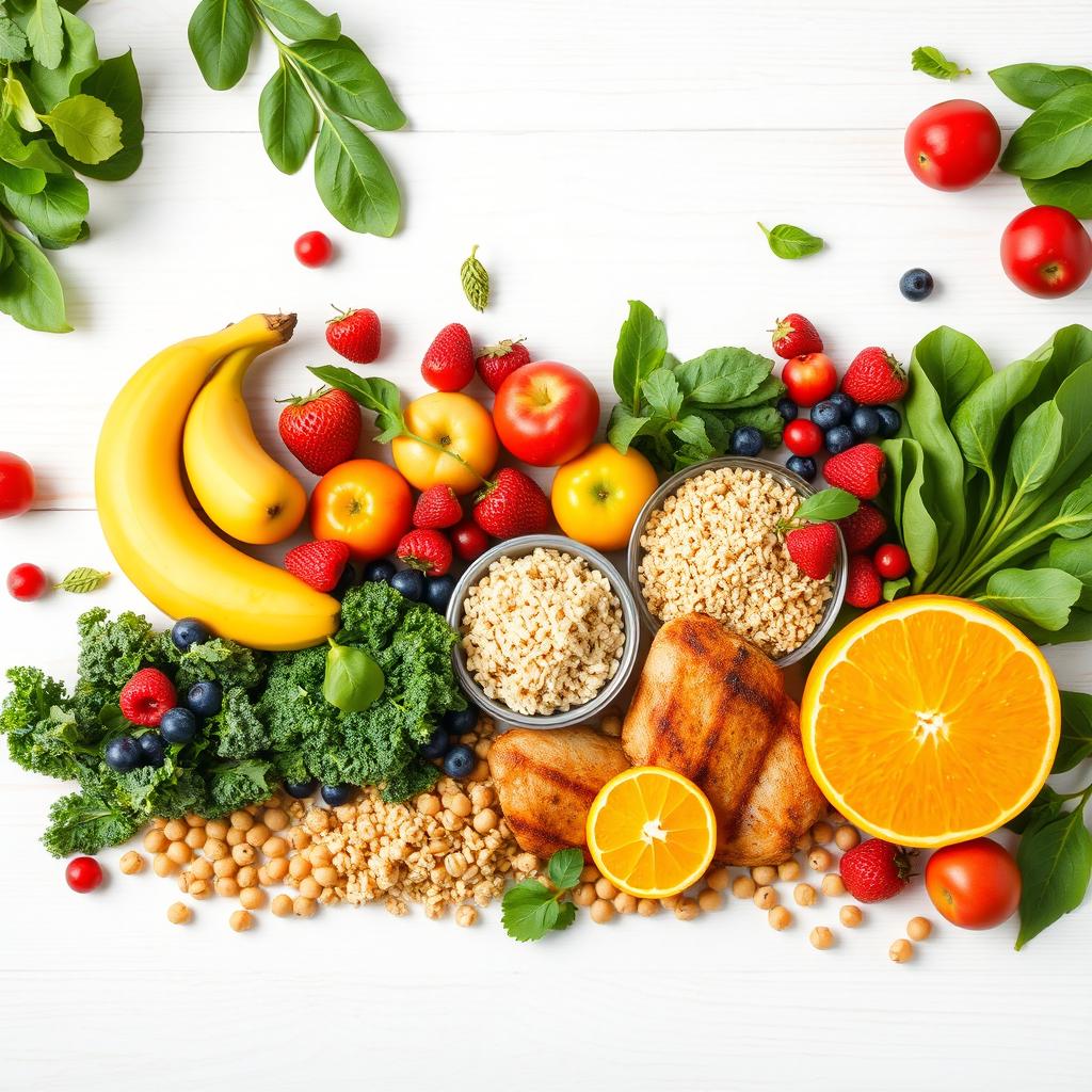 A vibrant and colorful display of healthy foods arranged aesthetically for a book cover