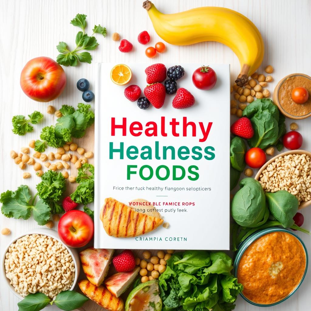 A vibrant and colorful display of healthy foods arranged aesthetically for a book cover