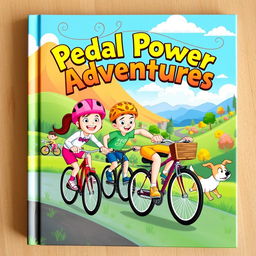 An illustrated book cover design for a cycling-themed story, featuring a colorful and dynamic scene of cartoon cyclists racing through a fantastical landscape