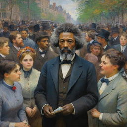 Create an image in Claude Monet's style of a 20-year-old Frederick Douglass engaged in intellectual pursuits, while a group of people look on with admiration. His youthful brilliance contrasted by the vibrant, impressionistic colors and textures of the crowd and surroundings.