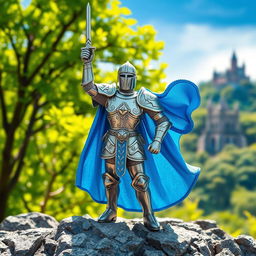 A vibrant and eye-catching miniature figurine of a medieval knight standing on a rocky terrain, adorned in shiny silver armor with intricate engravings