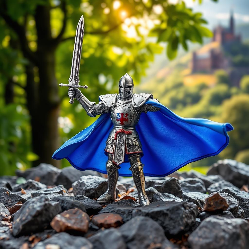 A vibrant and eye-catching miniature figurine of a medieval knight standing on a rocky terrain, adorned in shiny silver armor with intricate engravings