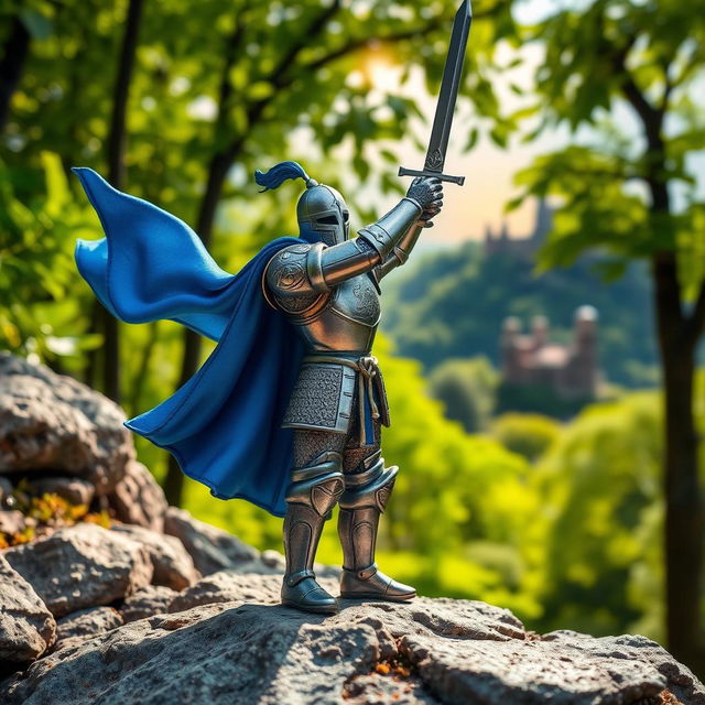 A vibrant and eye-catching miniature figurine of a medieval knight standing on a rocky terrain, adorned in shiny silver armor with intricate engravings