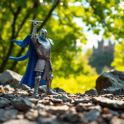 A vibrant and eye-catching miniature figurine of a medieval knight standing on a rocky terrain, adorned in shiny silver armor with intricate engravings