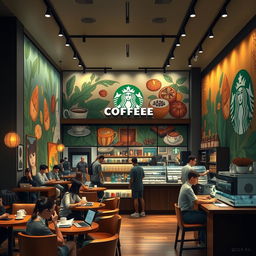 An artistic representation of a vibrant Starbucks café scene, capturing the essence of coffee revolution