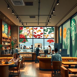 An artistic representation of a vibrant Starbucks café scene, capturing the essence of coffee revolution