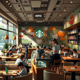 An artistic representation of a vibrant Starbucks café scene, capturing the essence of coffee revolution