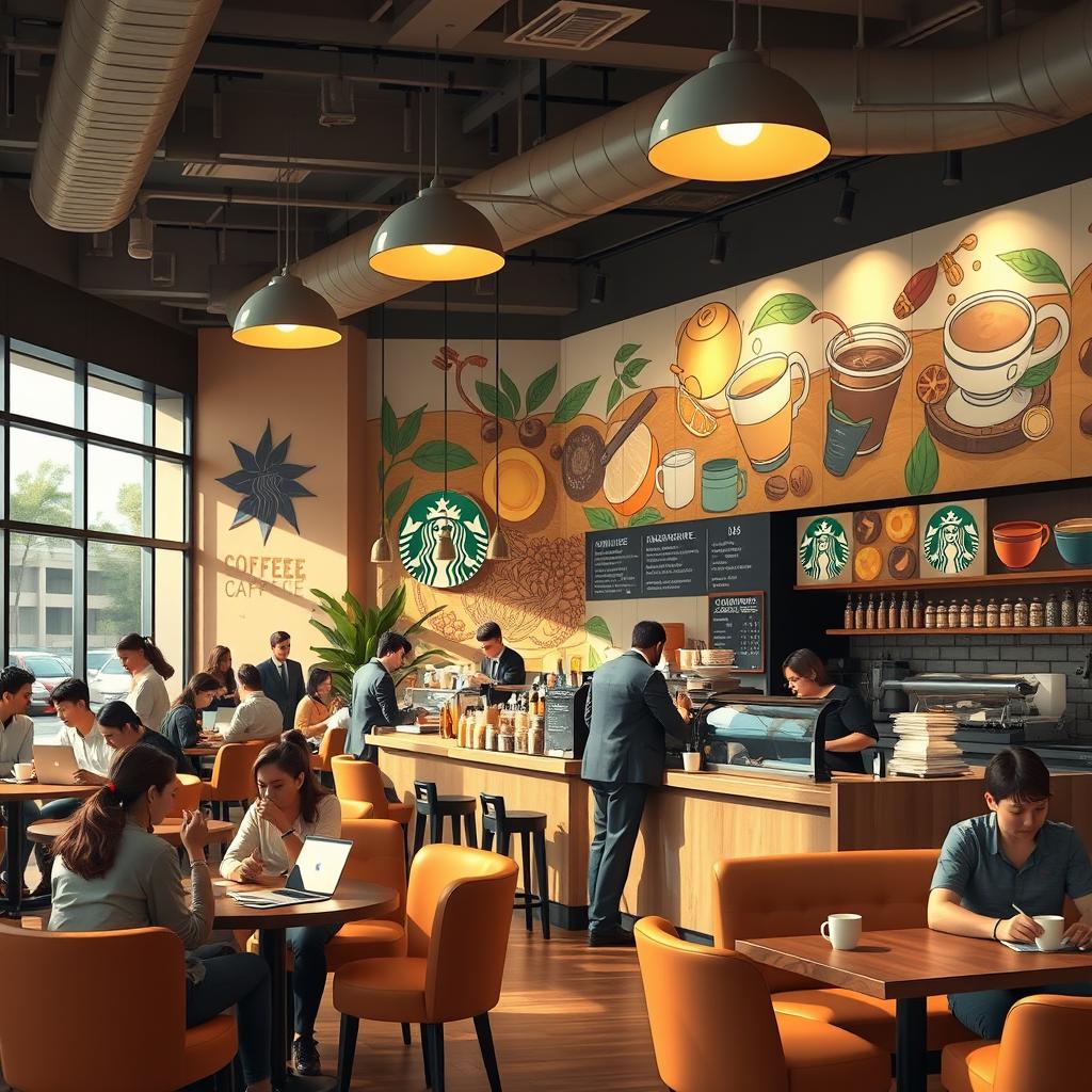 An artistic representation of a vibrant Starbucks café scene, capturing the essence of coffee revolution