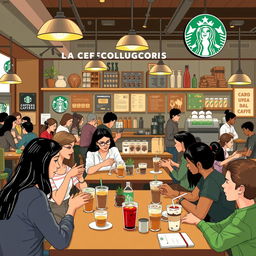 An artistic digital illustration of a bustling Starbucks café titled 'La Revolución del Café', showcasing the essence of coffee culture