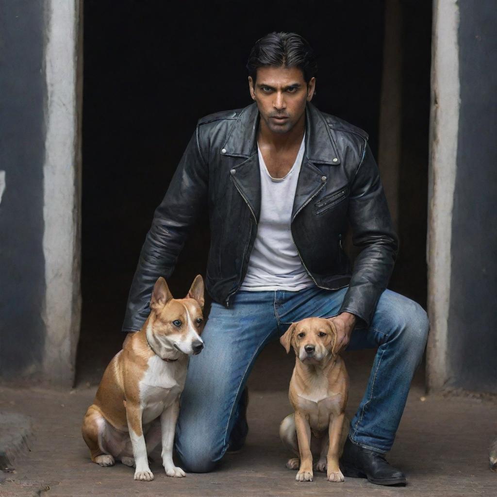 Maintain the image of a single muscular Indian man in a black leather jacket and white shirt with a sledgehammer, a single scared Indian girl in a t-shirt and jeans taking shelter behind him, and a loyal Indian Pariah dog, all situated within a dark setting.