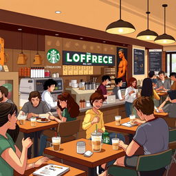 An artistic digital illustration of a bustling Starbucks café titled 'La Revolución del Café', showcasing the essence of coffee culture