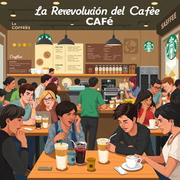 An artistic digital illustration of a bustling Starbucks café titled 'La Revolución del Café', showcasing the essence of coffee culture