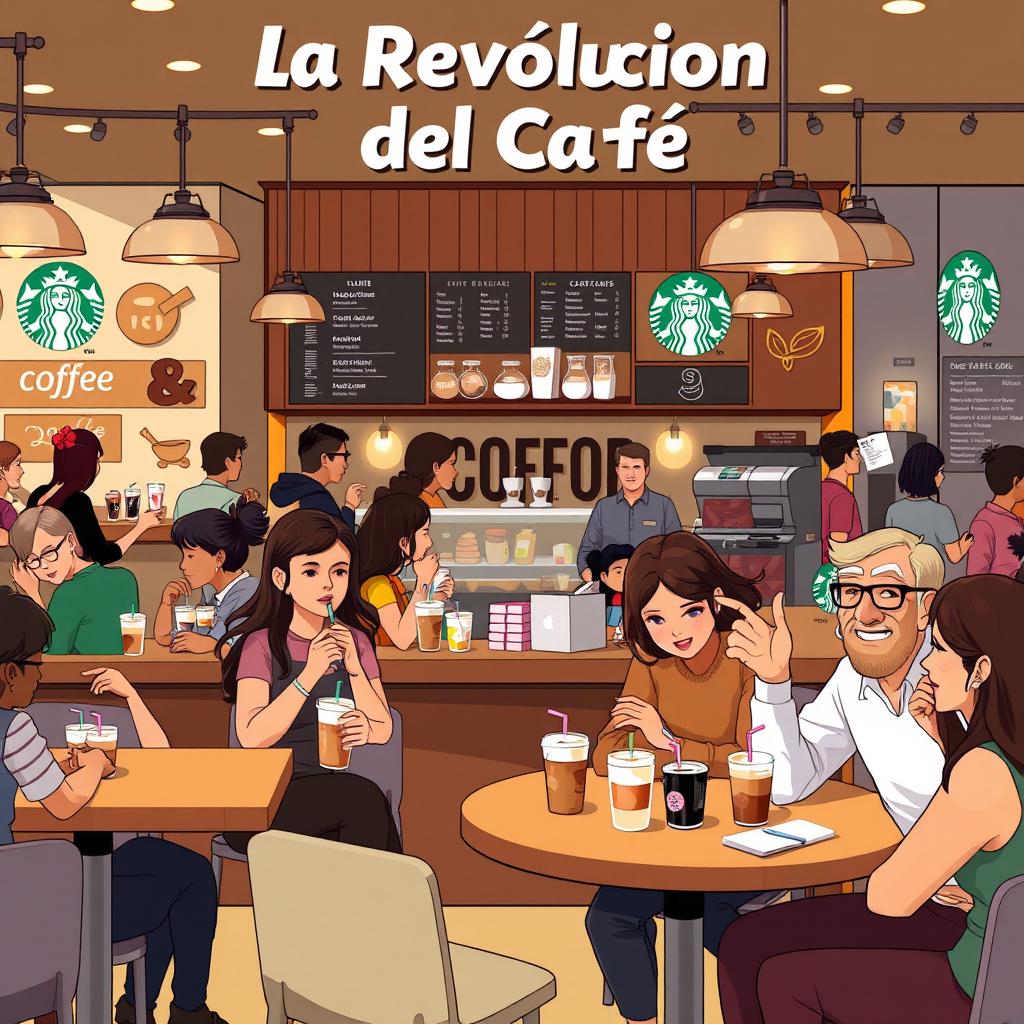 An artistic digital illustration of a bustling Starbucks café titled 'La Revolución del Café', showcasing the essence of coffee culture