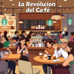 An artistic digital illustration of a bustling Starbucks café titled 'La Revolución del Café', showcasing the essence of coffee culture