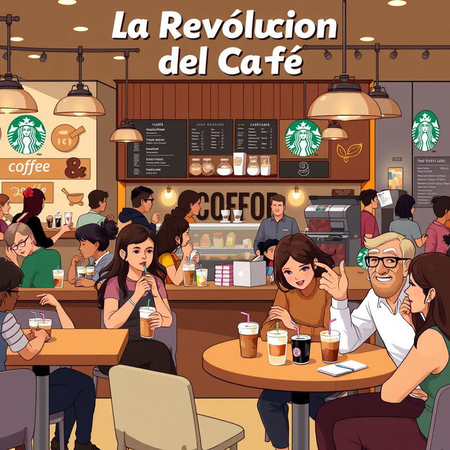 An artistic digital illustration of a bustling Starbucks café titled 'La Revolución del Café', showcasing the essence of coffee culture