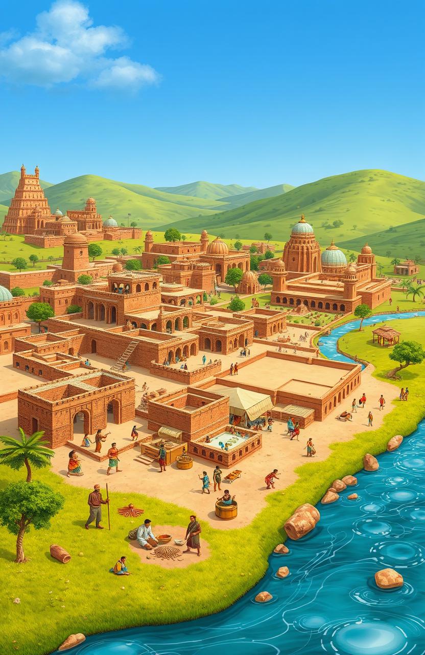 An artistic representation of the Harappan civilization, showcasing advanced urban planning and intricate city layouts