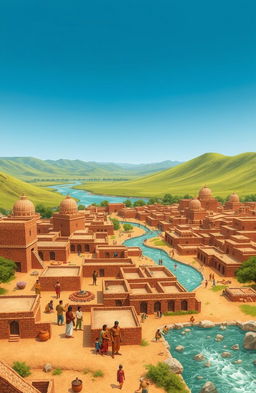 An artistic representation of the Harappan civilization, showcasing advanced urban planning and intricate city layouts