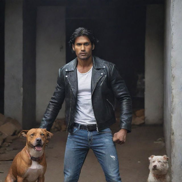 Maintain the image of a single muscular Indian man in a black leather jacket and white shirt with a sledgehammer, a single scared Indian girl in a t-shirt and jeans taking shelter behind him, and a loyal Indian Pariah dog, all situated within a dark setting.