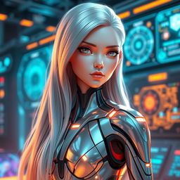 A futuristic female humanoid AI character with sleek, metallic features and glowing accents