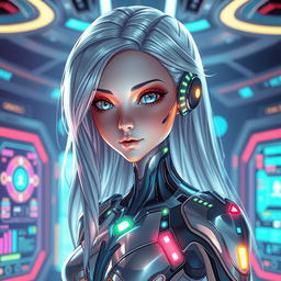 A futuristic female humanoid AI character with sleek, metallic features and glowing accents