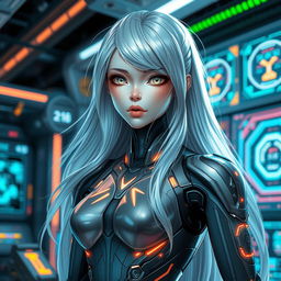 A futuristic female humanoid AI character with sleek, metallic features and glowing accents