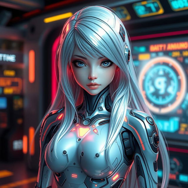 A futuristic female humanoid AI character with sleek, metallic features and glowing accents