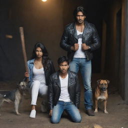 Maintain the image of a single muscular Indian man in a black leather jacket and white shirt with a sledgehammer, a single scared Indian girl in a t-shirt and jeans taking shelter behind him, and a loyal Indian Pariah dog, all situated within a dark setting.